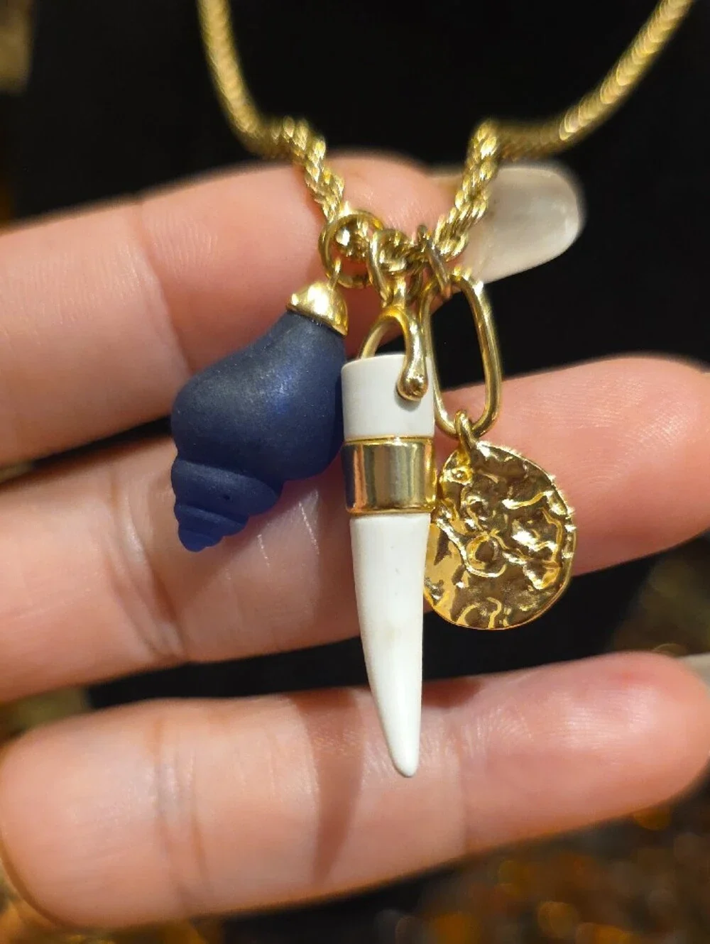 Gold Rope Necklace with Blue and White Charm Details
